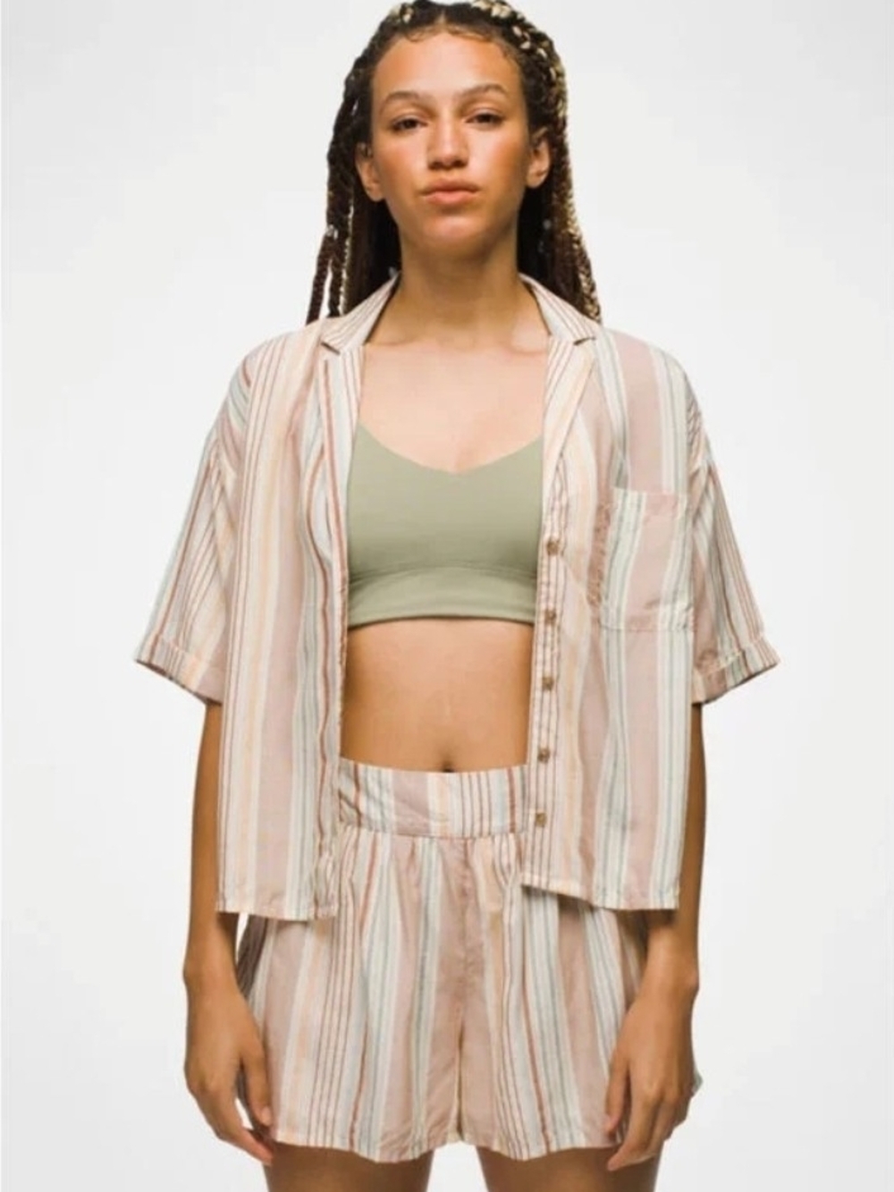 Prana Igula Striped Short Sleeve Button Down Top Tencel Modal Pink Beige XL New